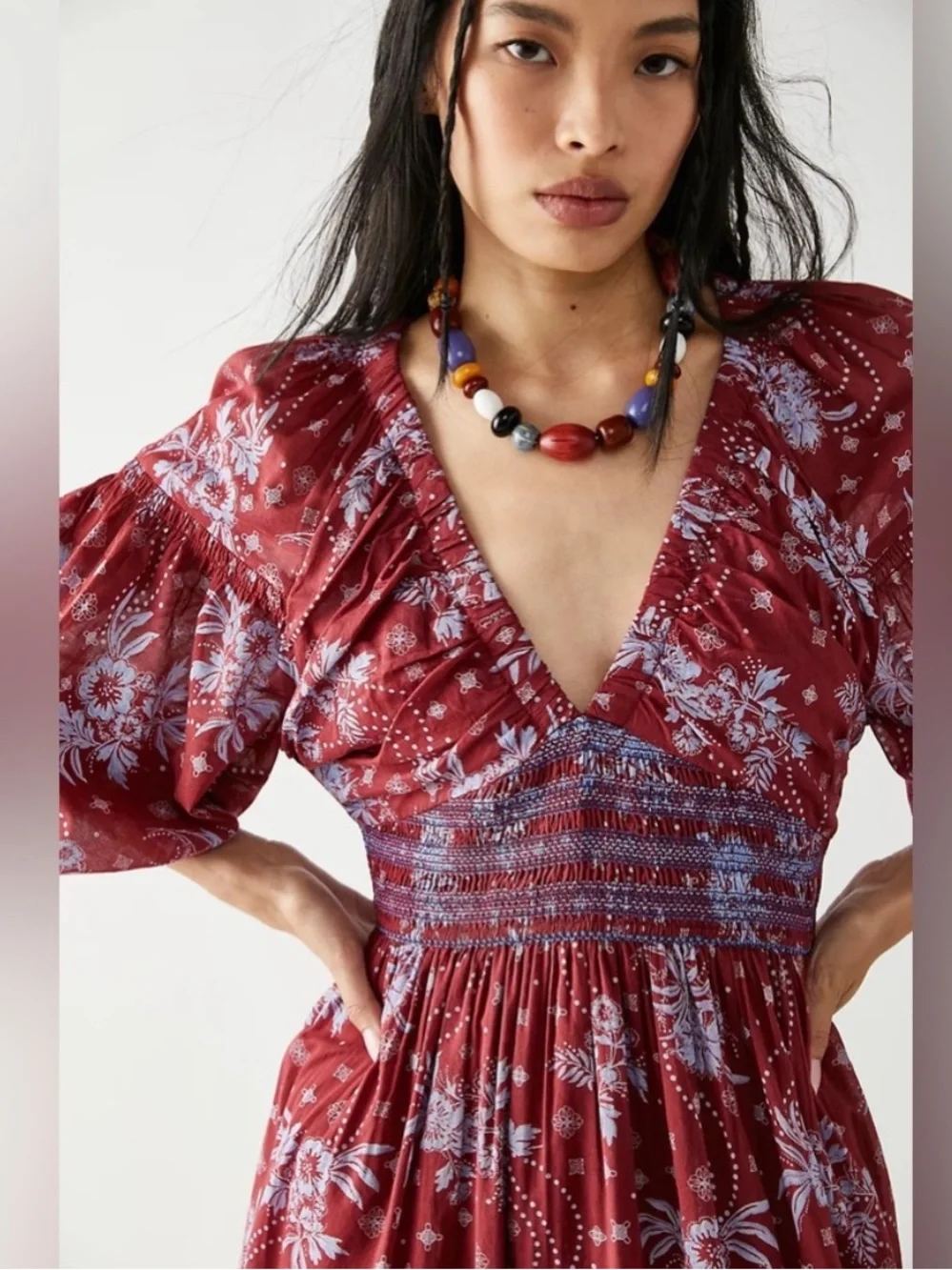 Free People Golden Hour Wine Combo Maxi Dress Red Blue Boho Cottagecore Medium